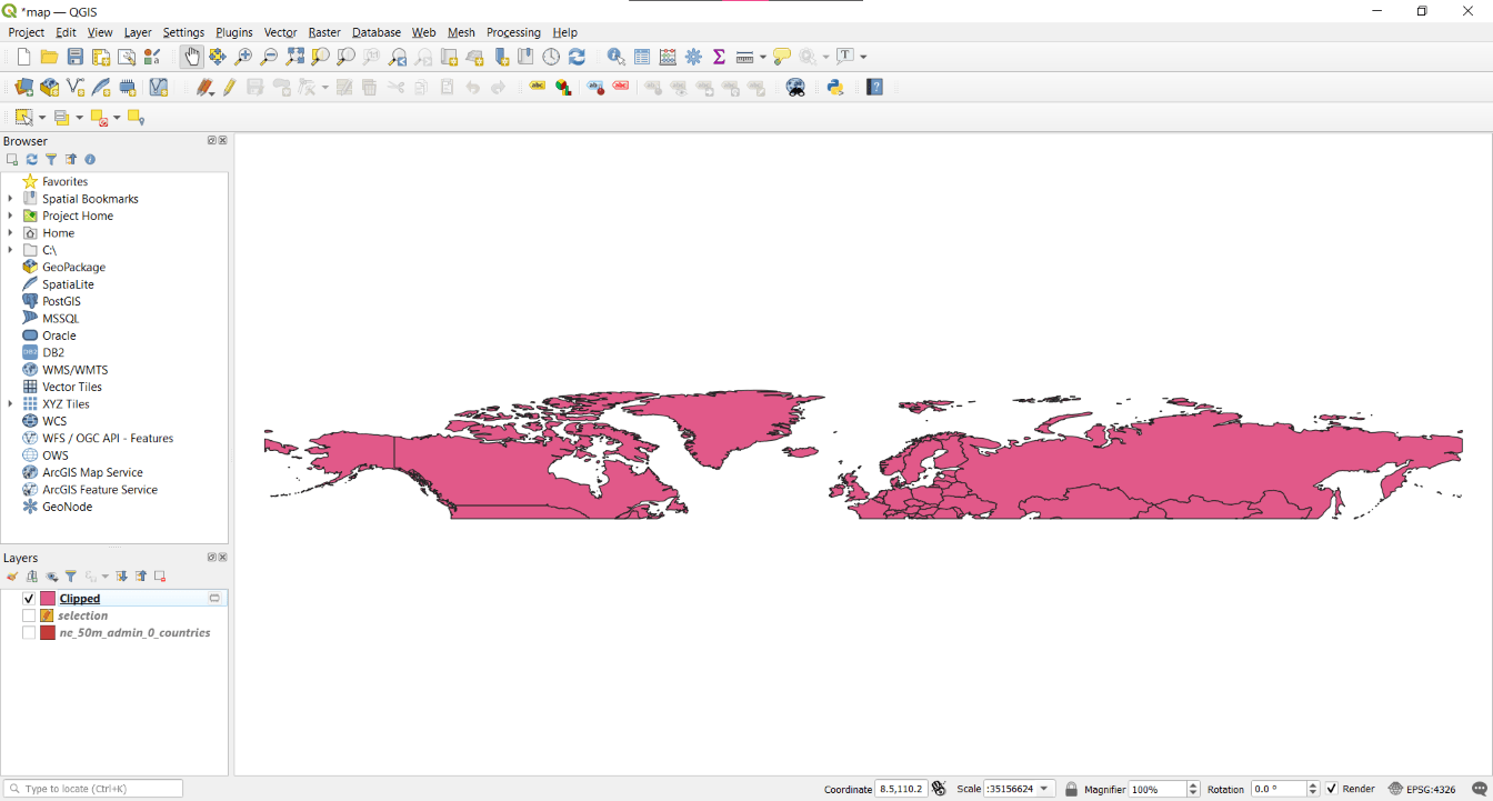 A screenshot of QGIS that shows a map of the world in an EPSG:4326 projection that has been clipped north of 45°N.