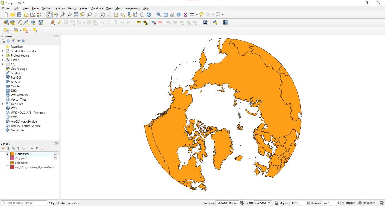 A screenshot of QGIS that shows a map of countries north of 45°N in an EPSG:3574 projection. The outer edges of the map are curved.