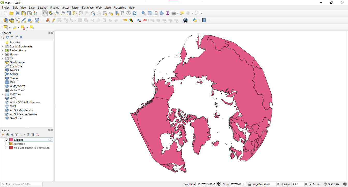 A screenshot of QGIS that shows a map of countries north of 45°N in an EPSG:3574 projection. The outer edges of the map are straight, rather than curved.