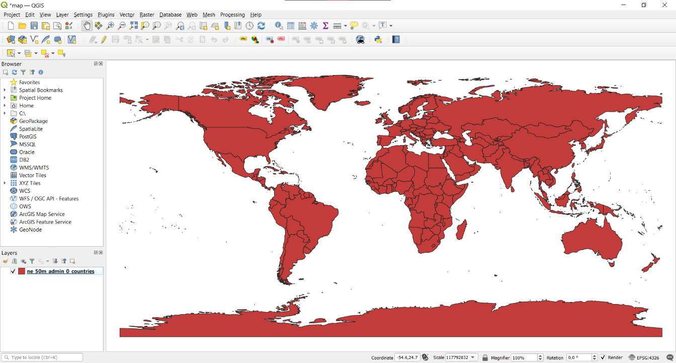 A screenshot of QGIS that shows a map of the world in an EPSG:4326 projection.