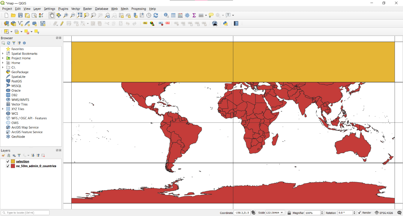 A screenshot of QGIS that shows a rectangular shape on top of a map of the world in an EPSG:4326 projection.